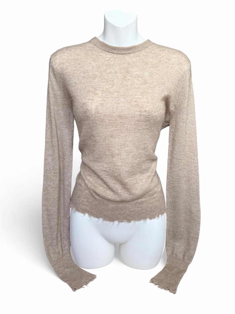 Zara Beige Raw-Edge Crewneck Long Sleeve Top